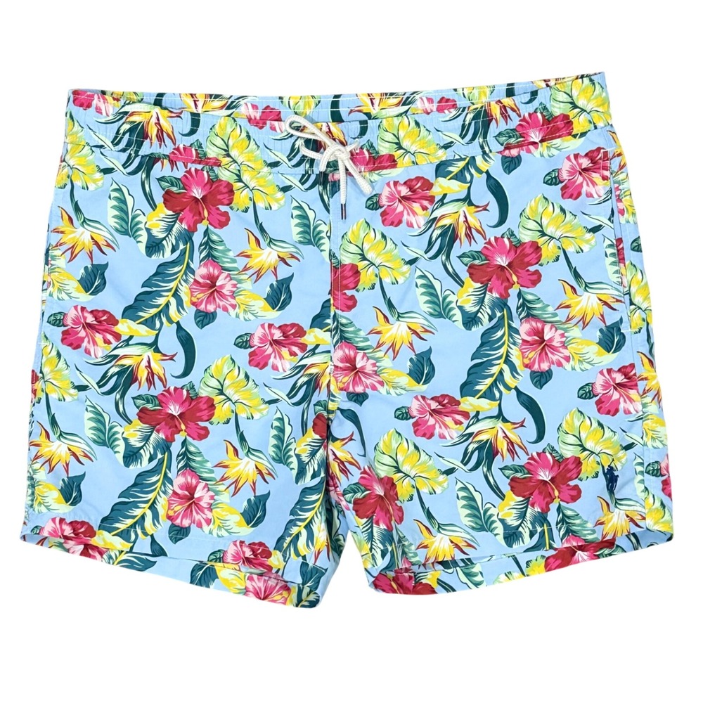 Polo Ralph Lauren Swim Trunks Shorts Men Medium Blue Hawaiian Hibiscus Floral